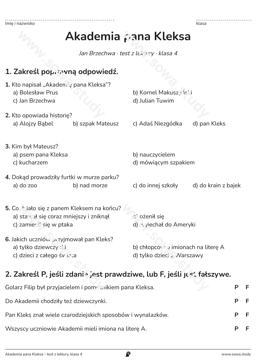 Akademia pana Kleksa – test z lektury, klasa 4 – karta pracy do druku