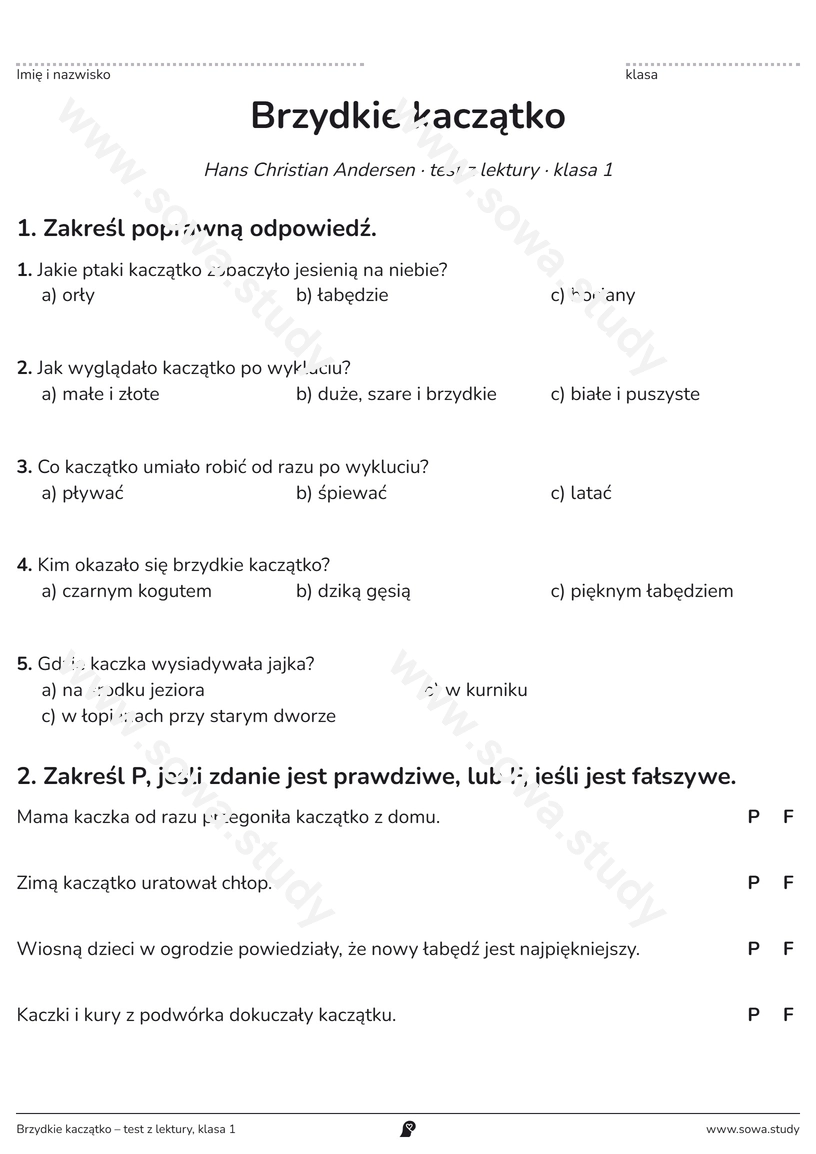 Brzydkie kaczątko – test z lektury, klasa 1 – karta pracy do druku