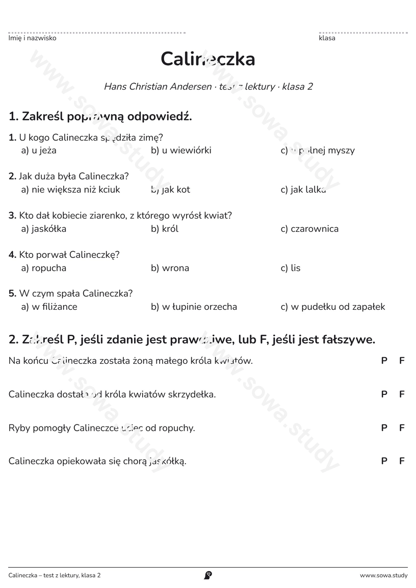 Calineczka – test z lektury, klasa 2 – karta pracy do druku