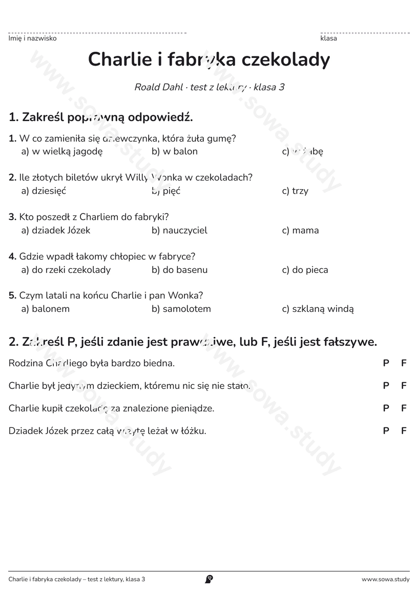 Charlie i fabryka czekolady – test z lektury, klasa 3 – karta pracy do druku
