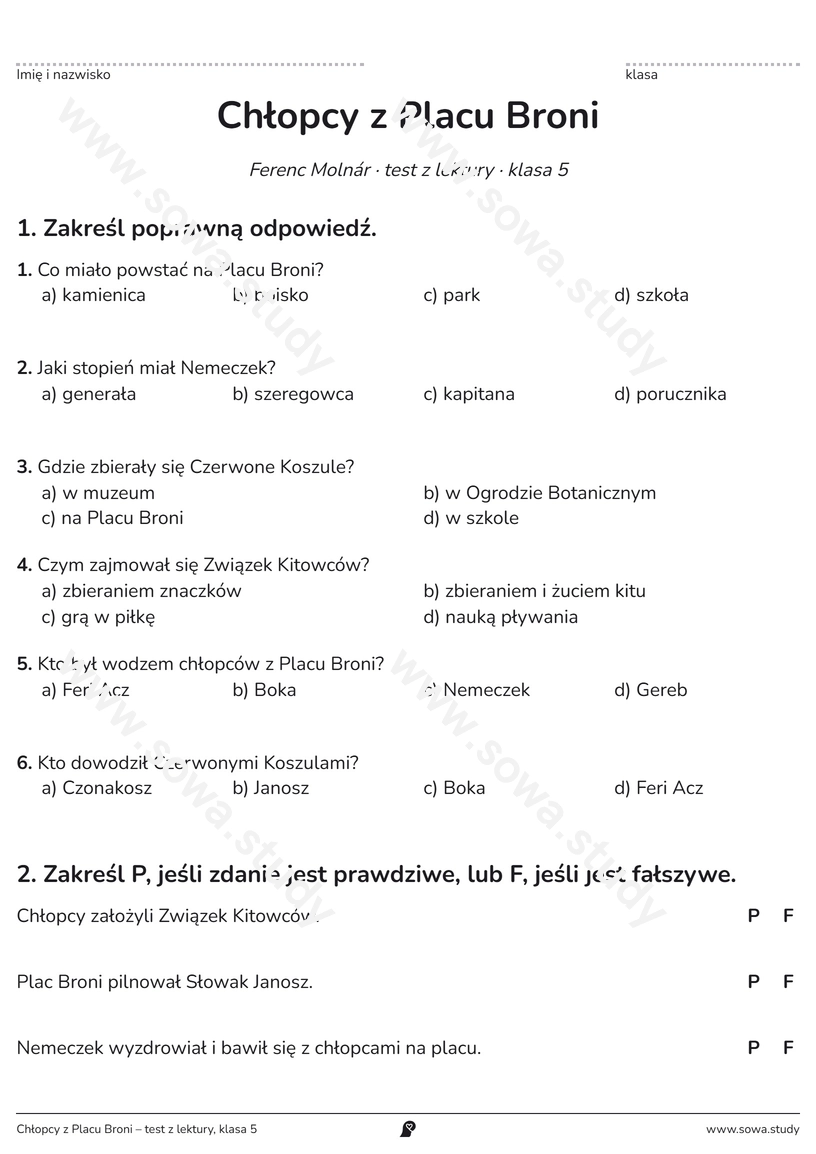 Chłopcy z Placu Broni – test z lektury, klasa 5 – karta pracy do druku
