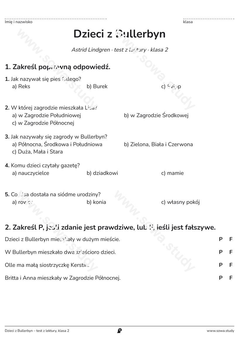 Dzieci z Bullerbyn – test z lektury, klasa 2 – karta pracy do druku
