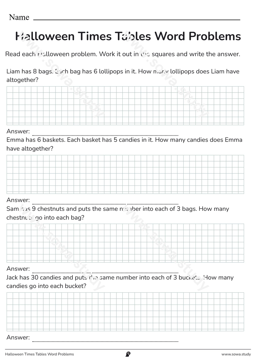 Halloween Times Tables Word Problems – printable worksheet