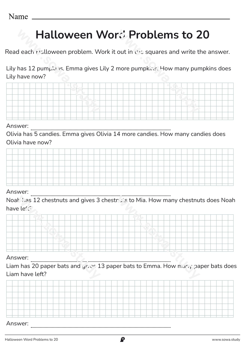 Halloween Word Problems to 20 – printable worksheet