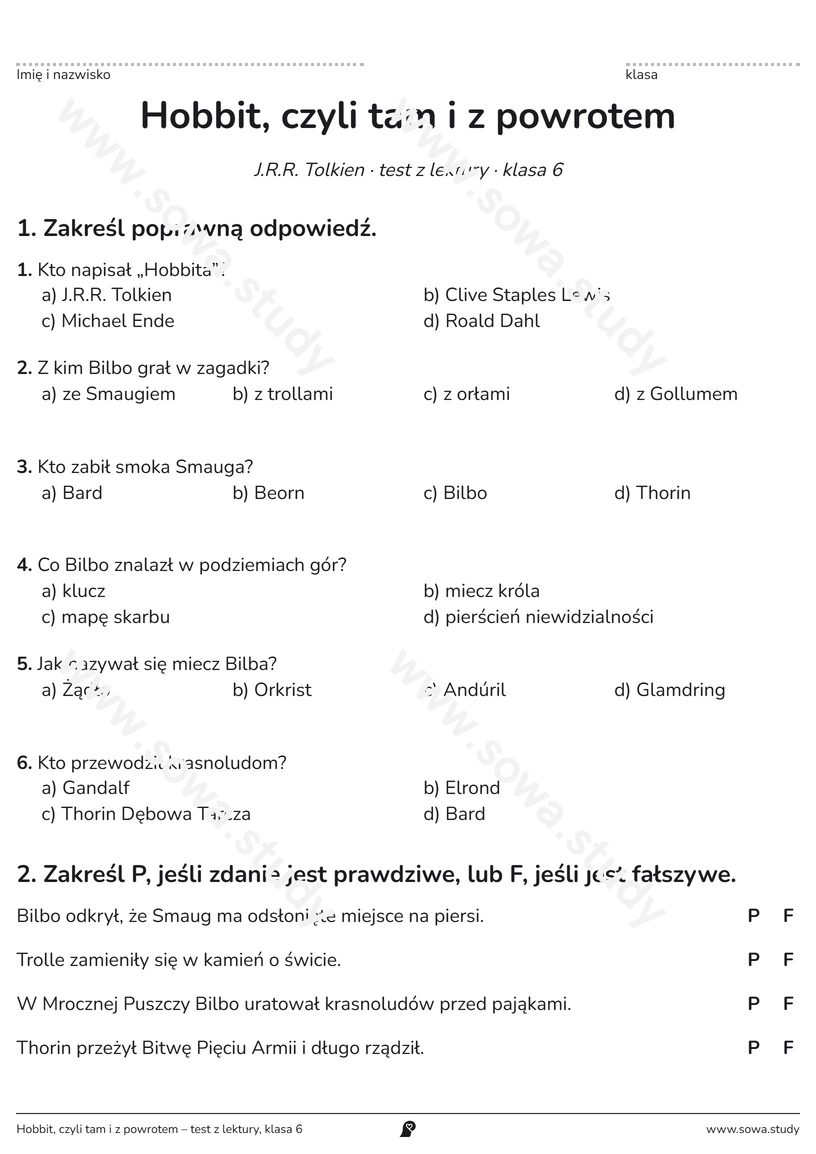 Hobbit, czyli tam i z powrotem – test z lektury, klasa 6 – karta pracy do druku