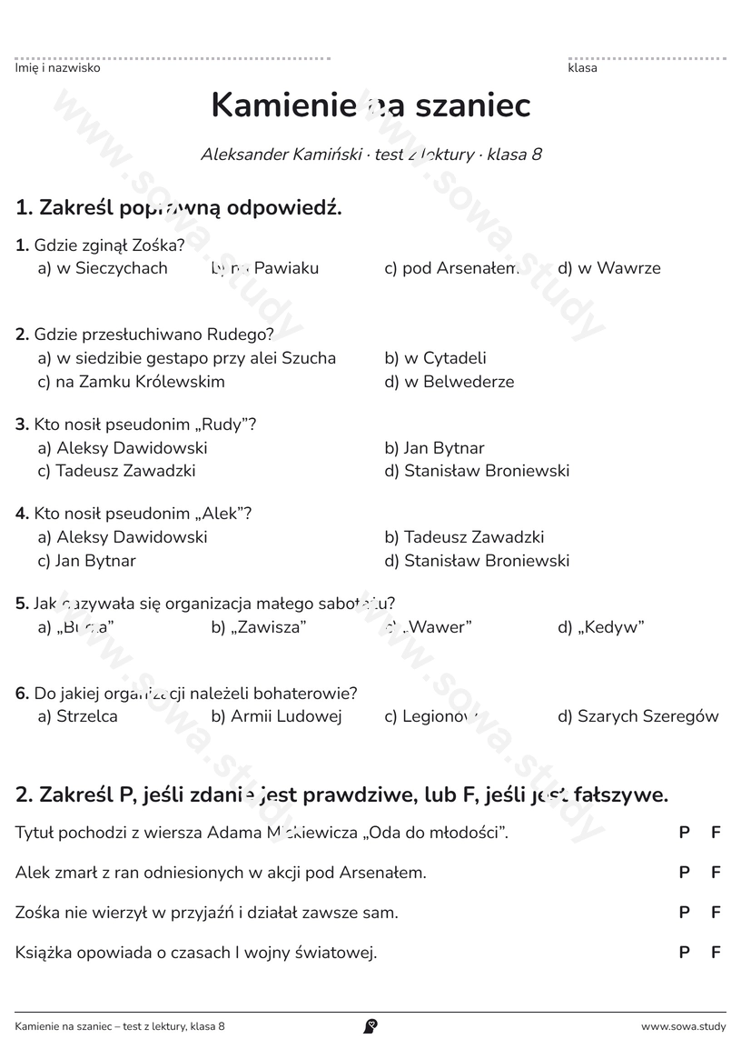 Kamienie na szaniec – test z lektury, klasa 8 – karta pracy do druku