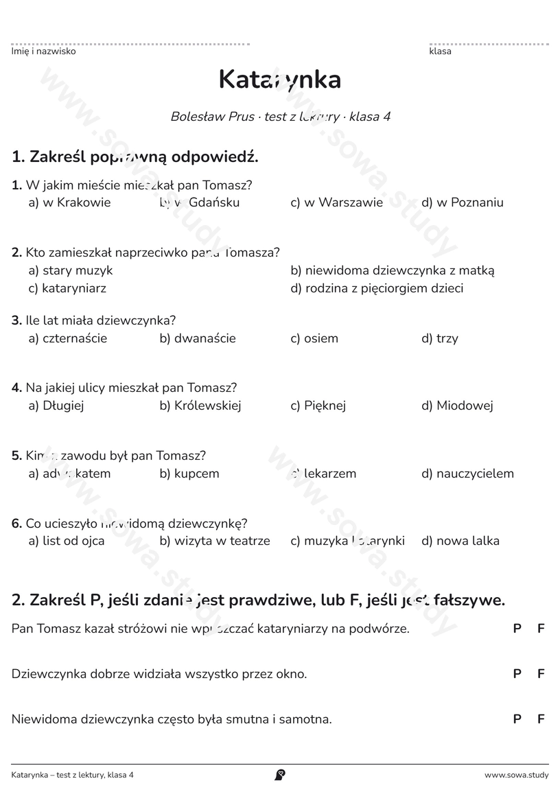 Katarynka – test z lektury, klasa 4 – karta pracy do druku