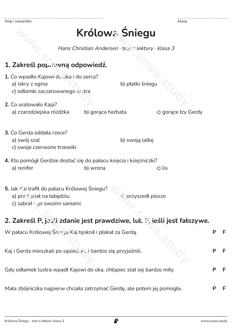 Królowa Śniegu – test z lektury, klasa 3 – karta pracy do druku