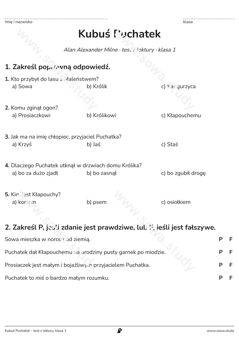 Kubuś Puchatek – test z lektury, klasa 1 – karta pracy do druku
