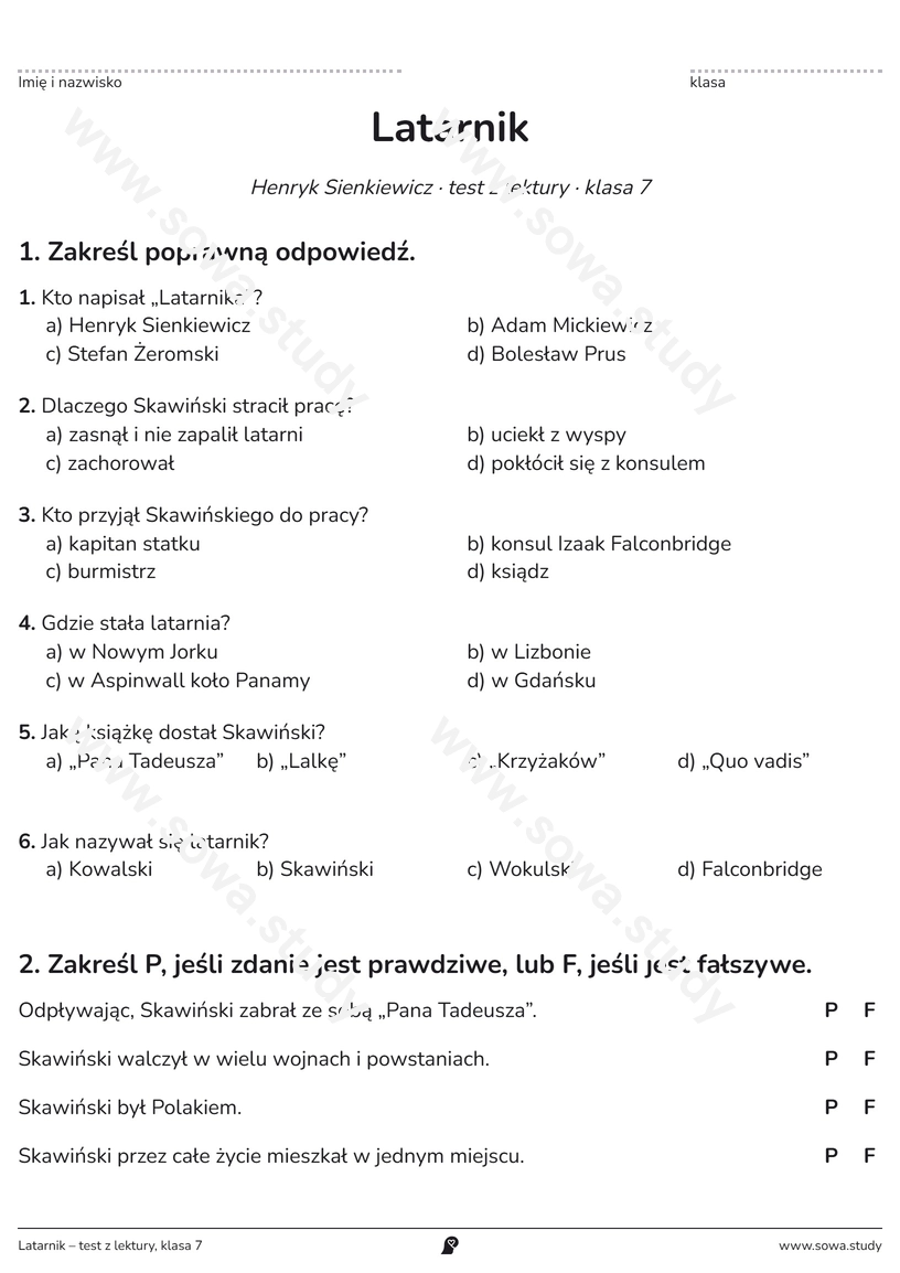 Latarnik – test z lektury, klasa 7 – karta pracy do druku