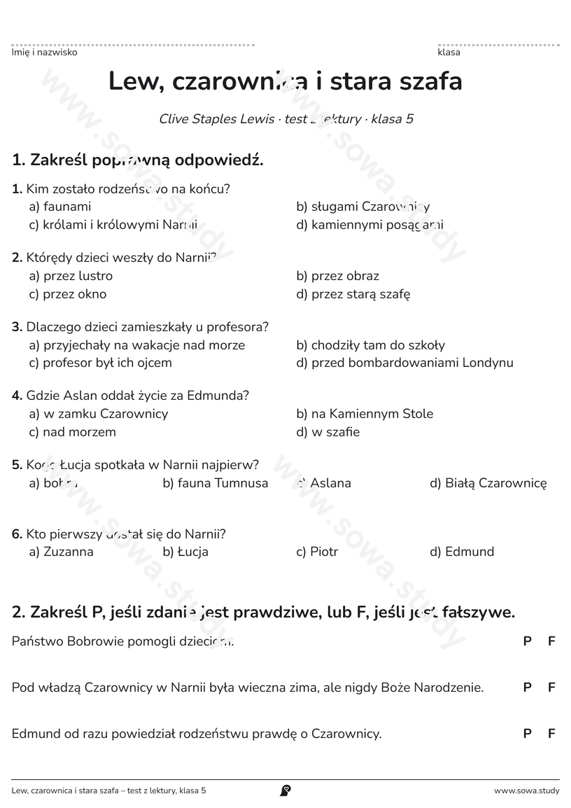 Lew, czarownica i stara szafa – test z lektury, klasa 5 – karta pracy do druku