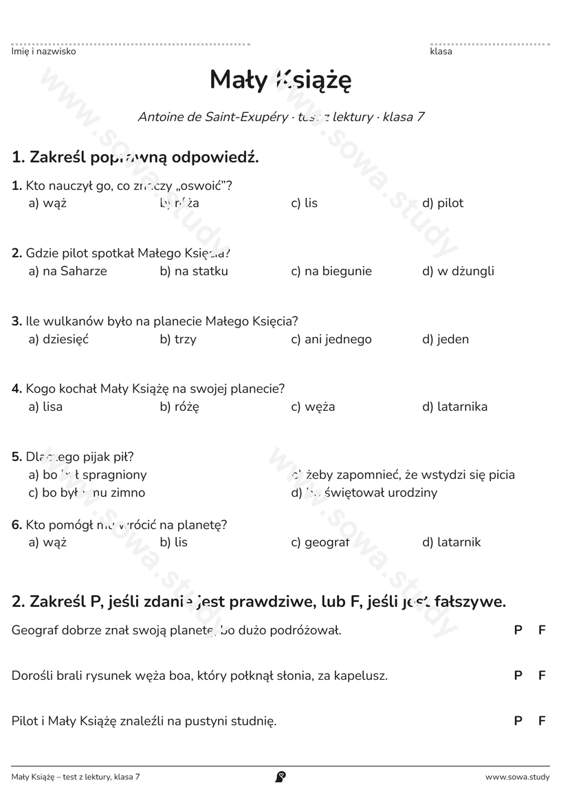 Mały Książę – test z lektury, klasa 7 – karta pracy do druku