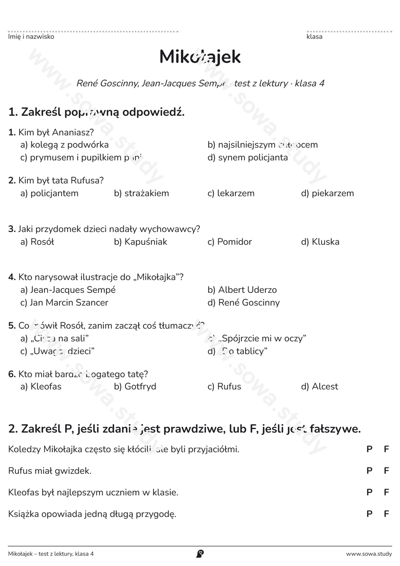 Mikołajek – test z lektury, klasa 4 – karta pracy do druku