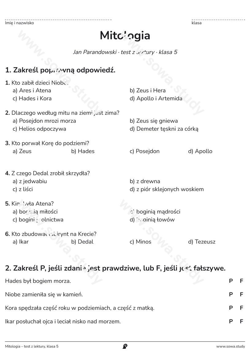 Mitologia – test z lektury, klasa 5 – karta pracy do druku