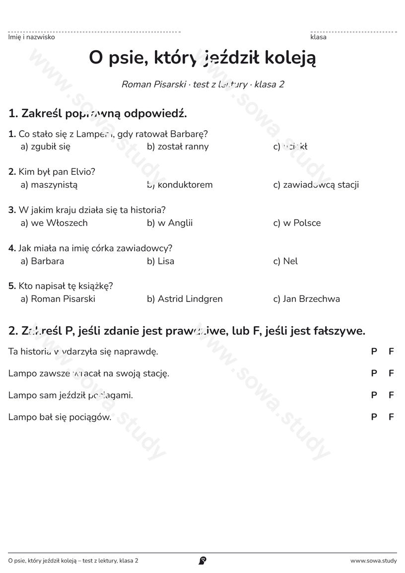 O psie, który jeździł koleją – test z lektury, klasa 2 – karta pracy do druku