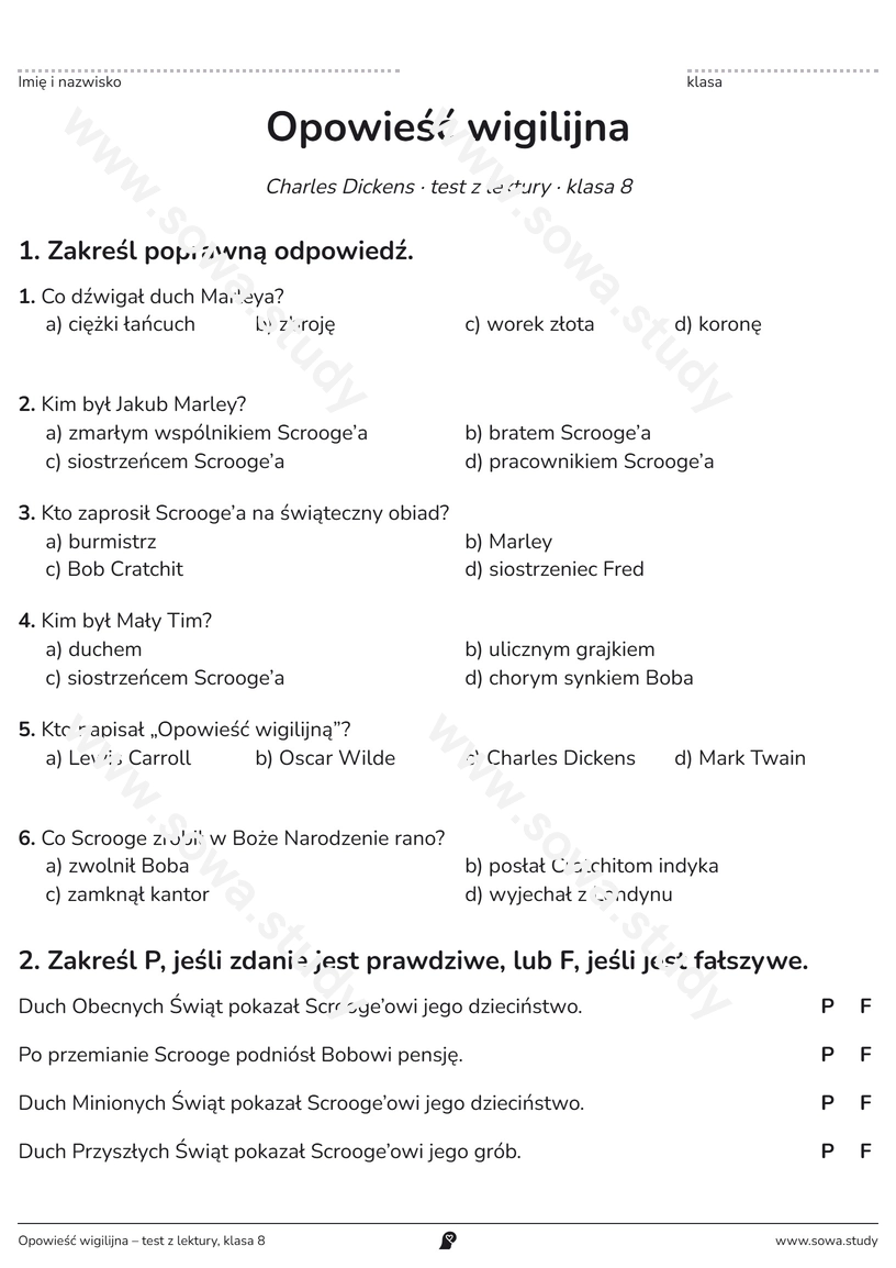 Opowieść wigilijna – test z lektury, klasa 8 – karta pracy do druku
