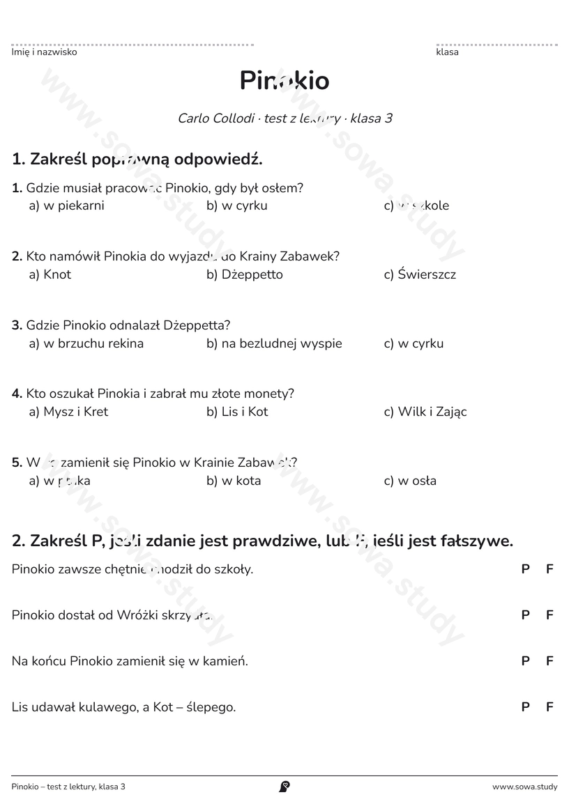 Pinokio – test z lektury, klasa 3 – karta pracy do druku