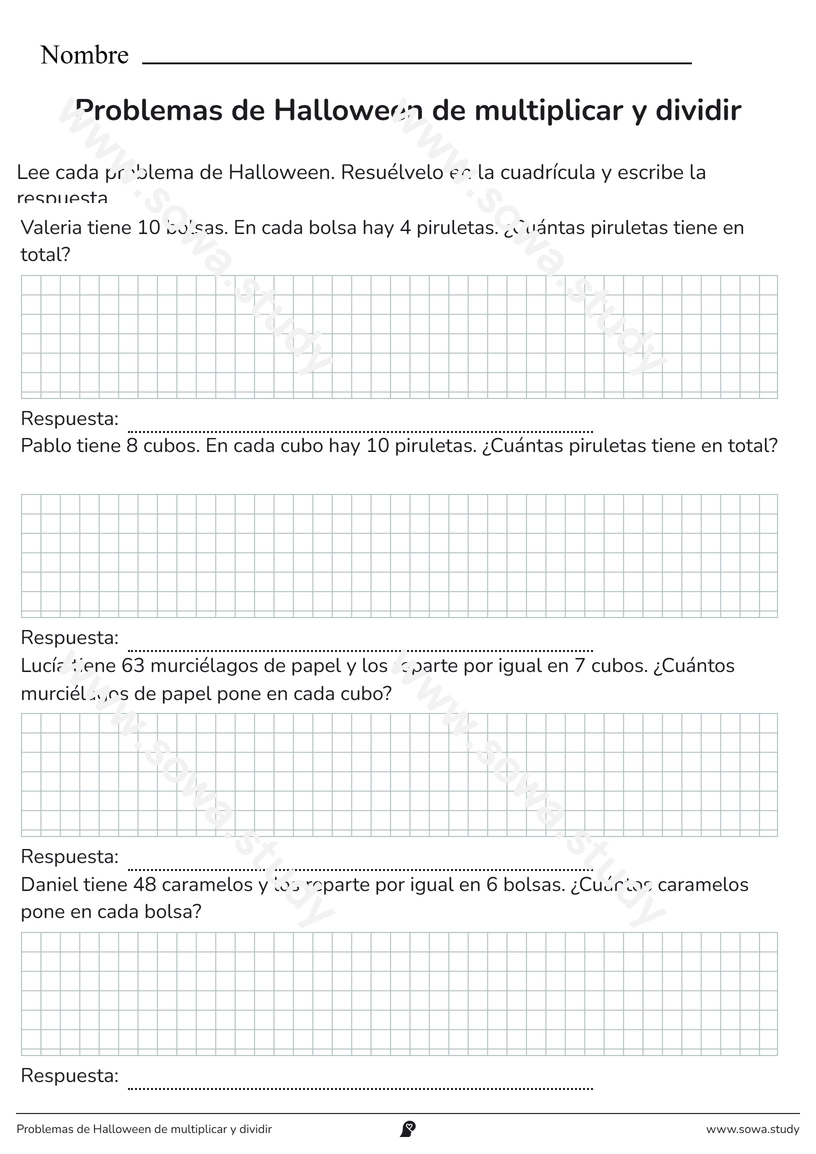 Problemas de Halloween de multiplicar y dividir – ficha para imprimir
