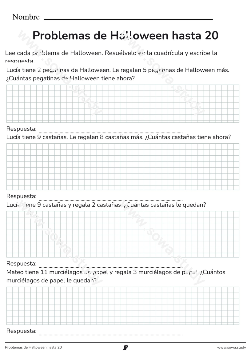 Problemas de Halloween hasta 20 – ficha para imprimir
