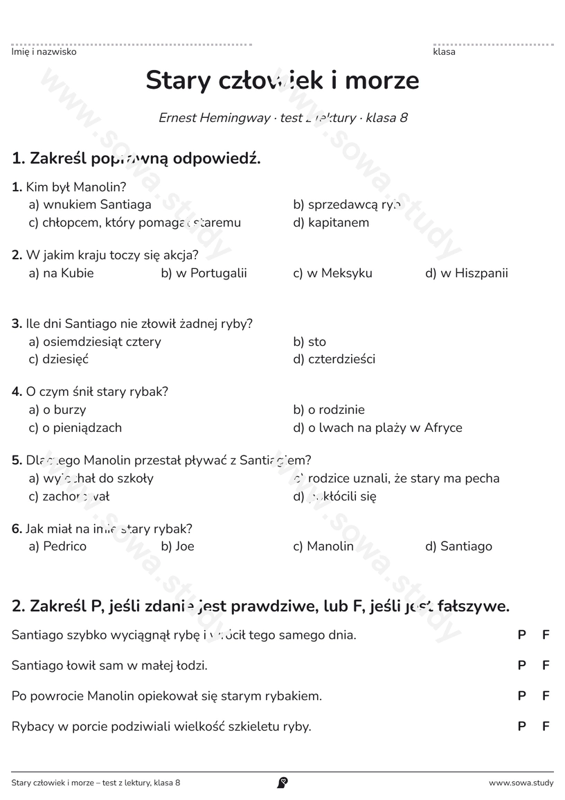 Stary człowiek i morze – test z lektury, klasa 8 – karta pracy do druku