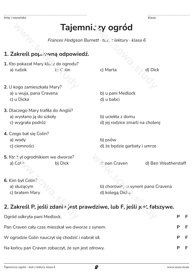 Tajemniczy ogród – test z lektury, klasa 6 – karta pracy do druku