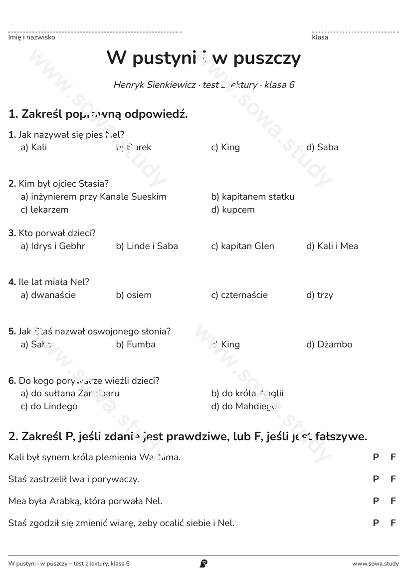 W pustyni i w puszczy – test z lektury, klasa 6 – karta pracy do druku