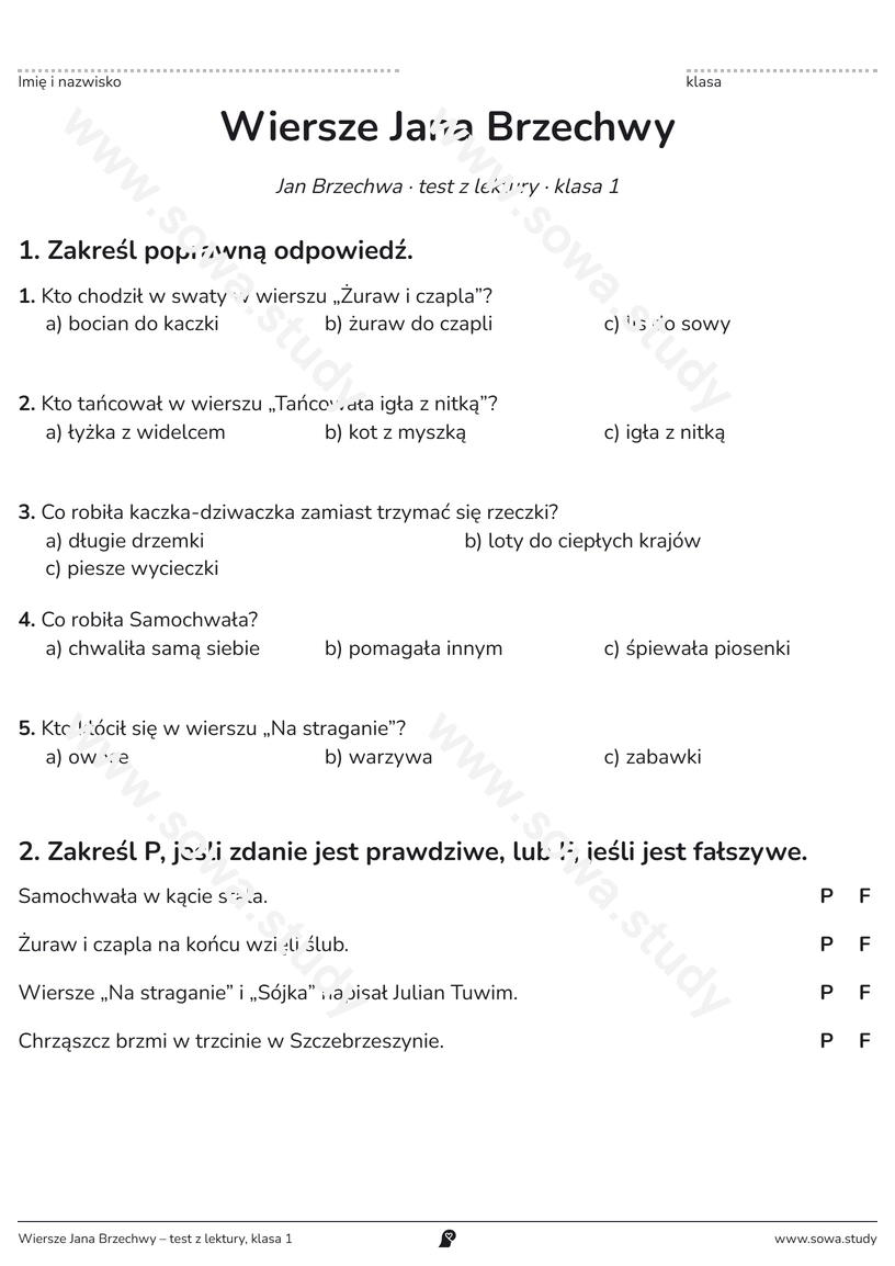 Wiersze Jana Brzechwy – test z lektury, klasa 1 – karta pracy do druku