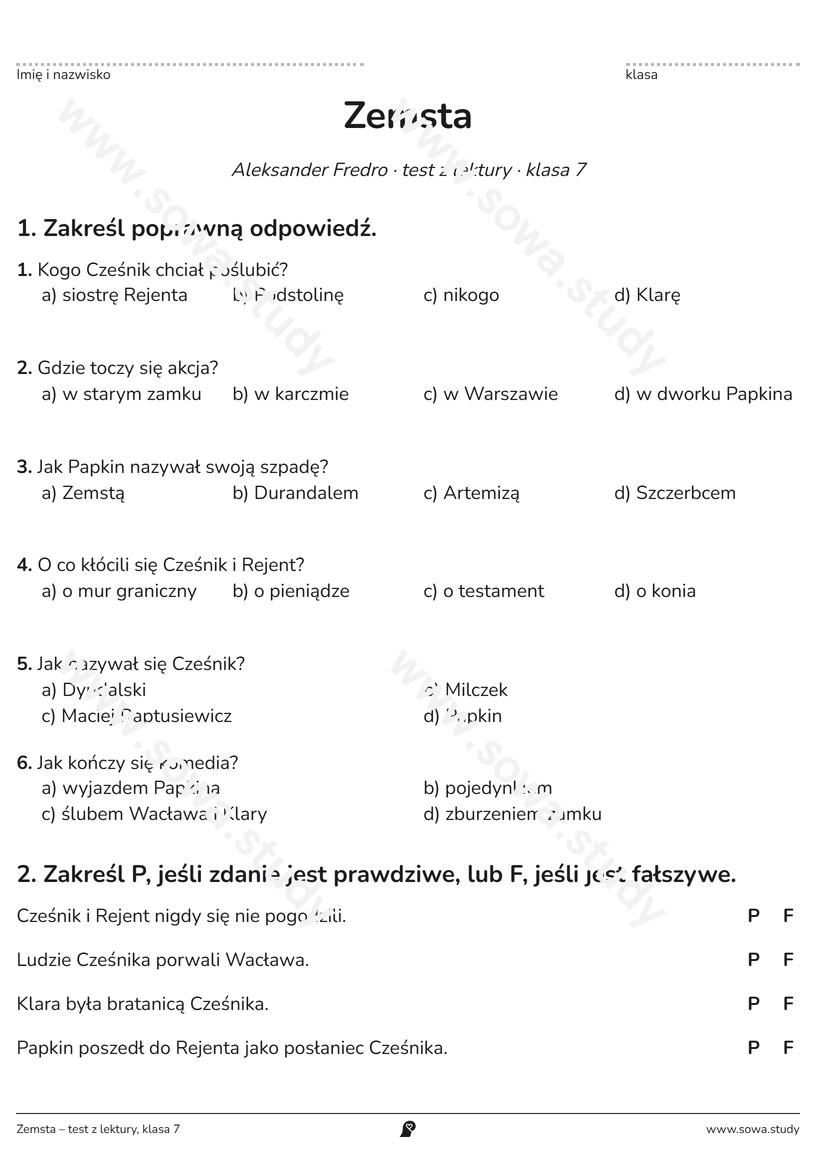 Zemsta – test z lektury, klasa 7 – karta pracy do druku