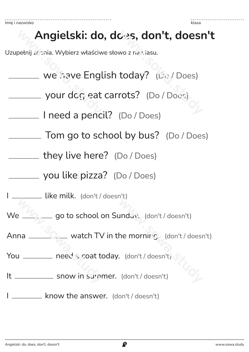 Angielski: do, does, don't, doesn't – darmowa karta pracy do druku