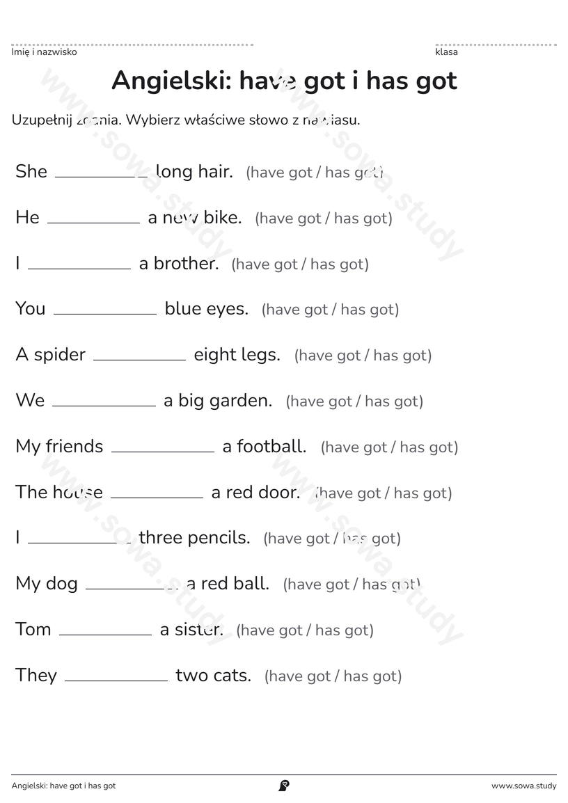 Angielski: have got i has got – karta pracy do druku
