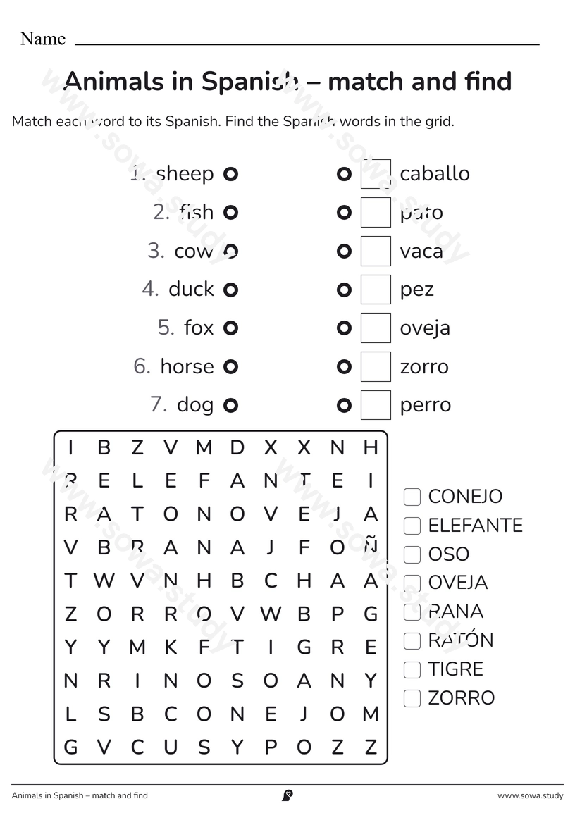 Animals in Spanish – match and find – printable worksheet