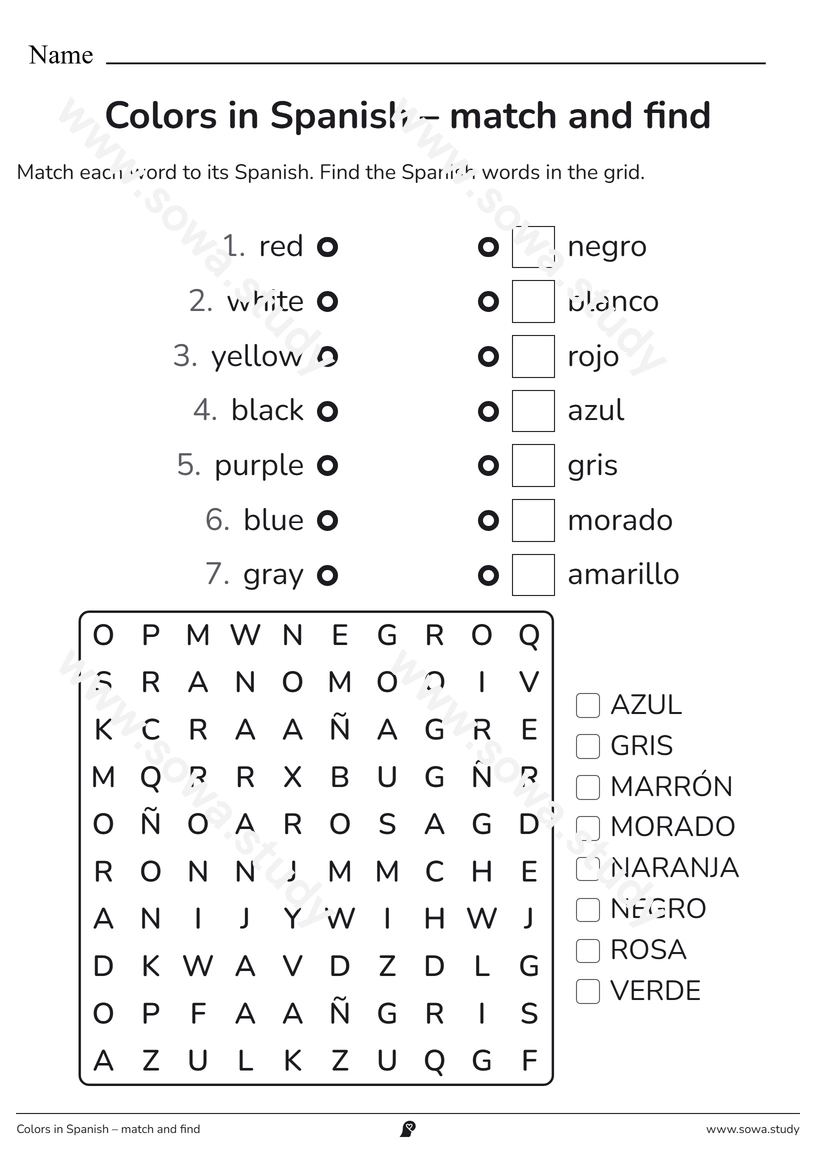 Colors in Spanish – match and find – printable worksheet
