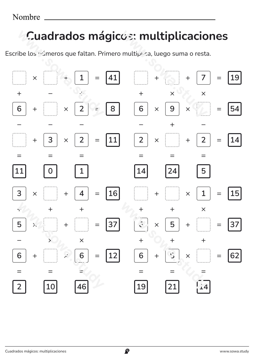 Cuadrados mágicos: multiplicaciones – ficha imprimible gratis