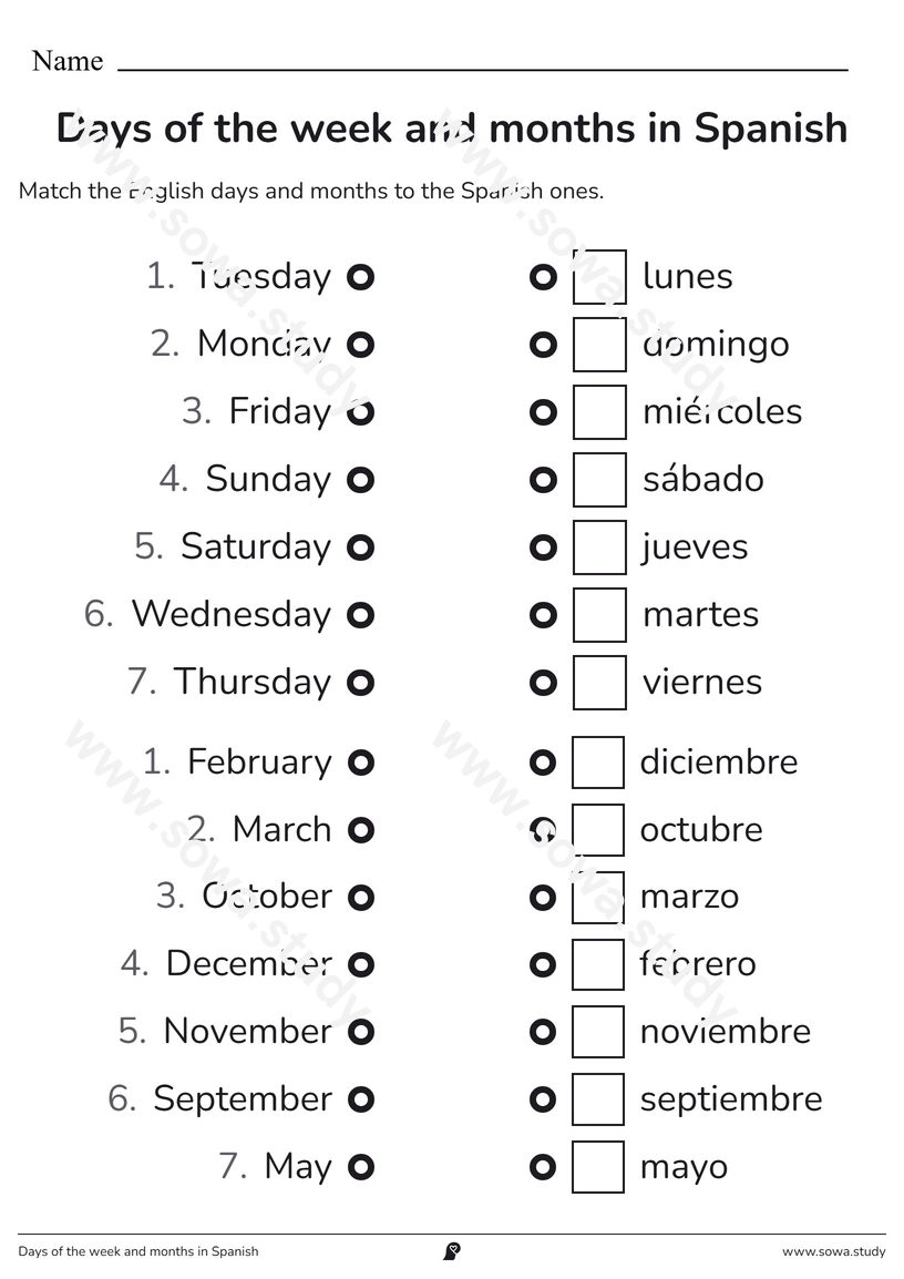 Days of the week and months in Spanish – free printable worksheet
