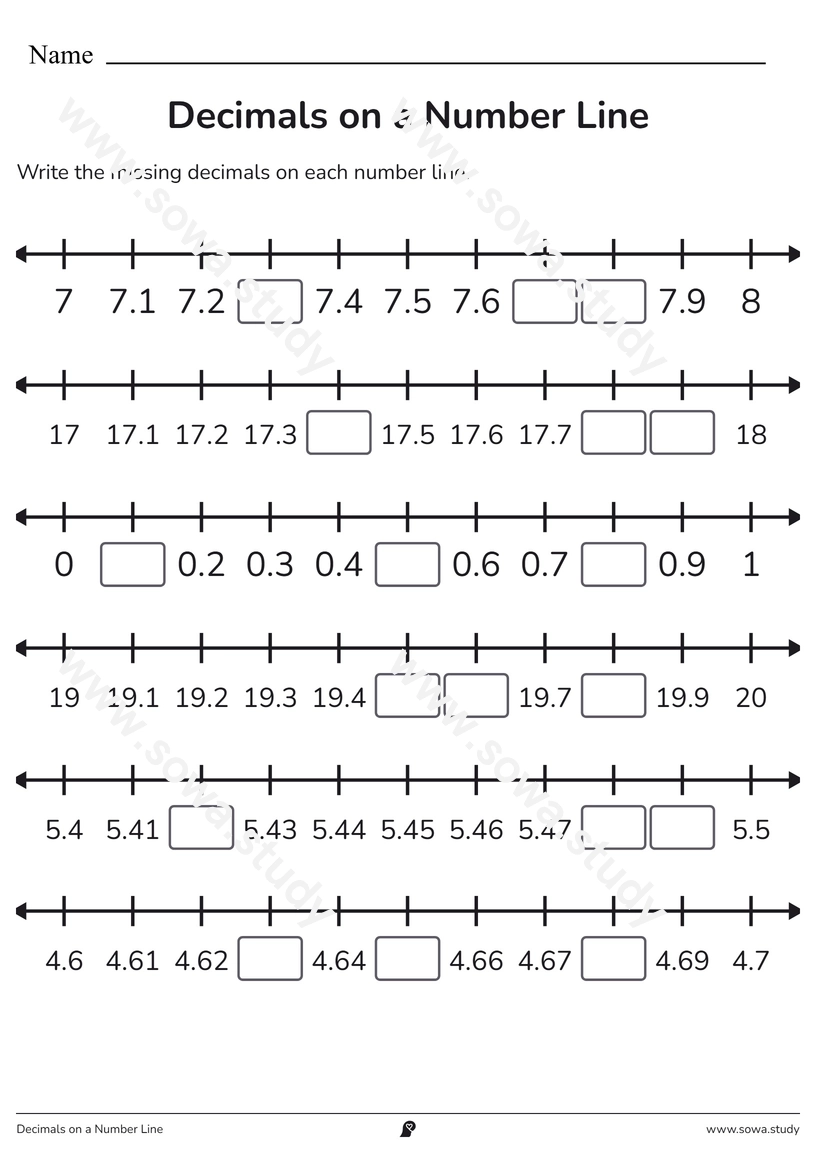 Decimals on a Number Line – free printable worksheet