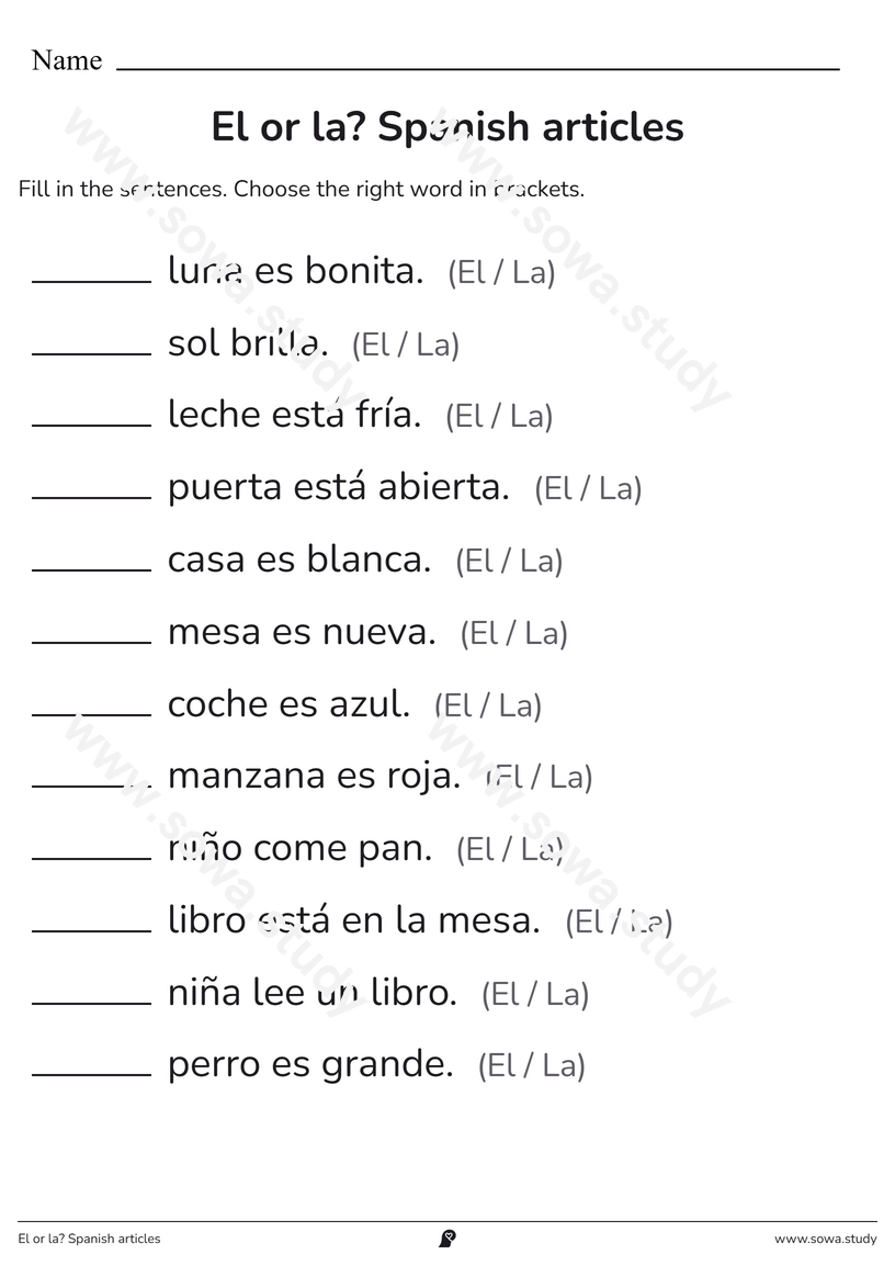 El or la? Spanish articles – free printable worksheet