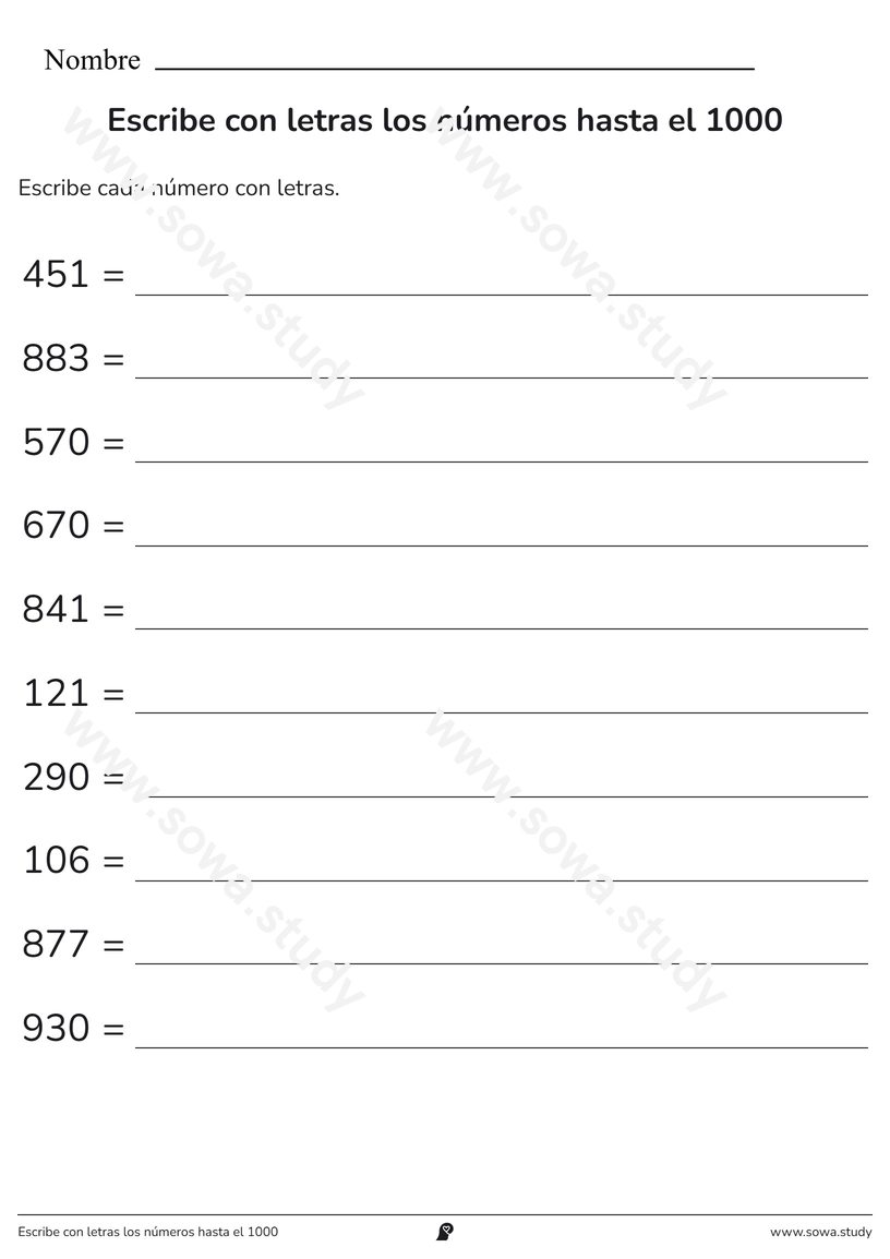 Escribe con letras los números hasta el 1000 – ficha imprimible gratis