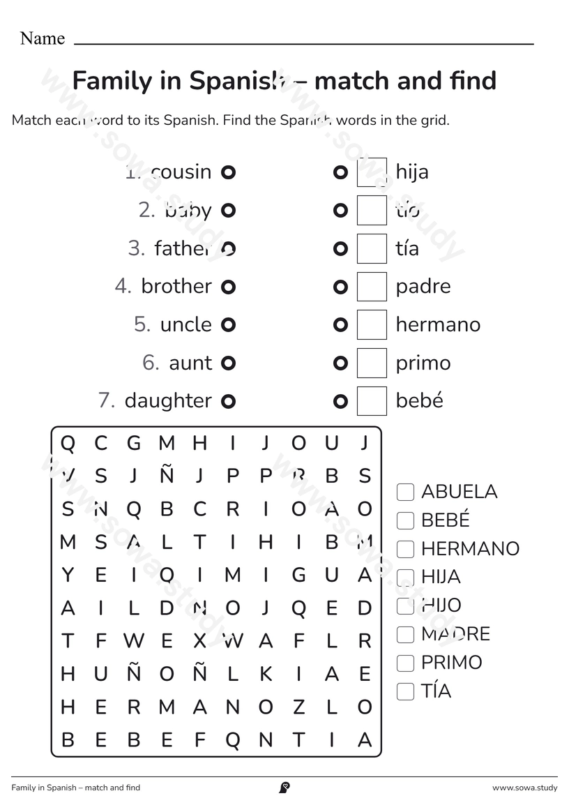Family in Spanish – match and find – printable worksheet