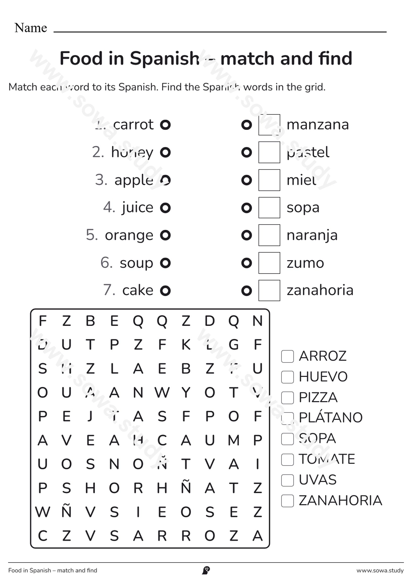 Food in Spanish – match and find – printable worksheet