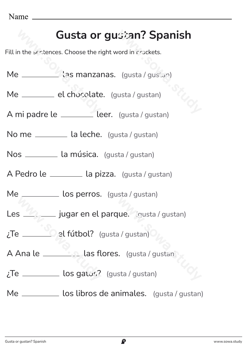 Gusta or gustan? Spanish – printable worksheet