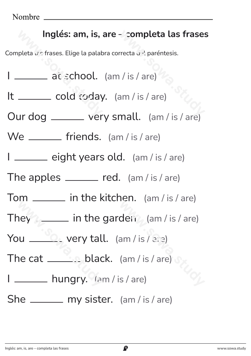 Inglés: am, is, are – completa las frases – ficha imprimible gratis