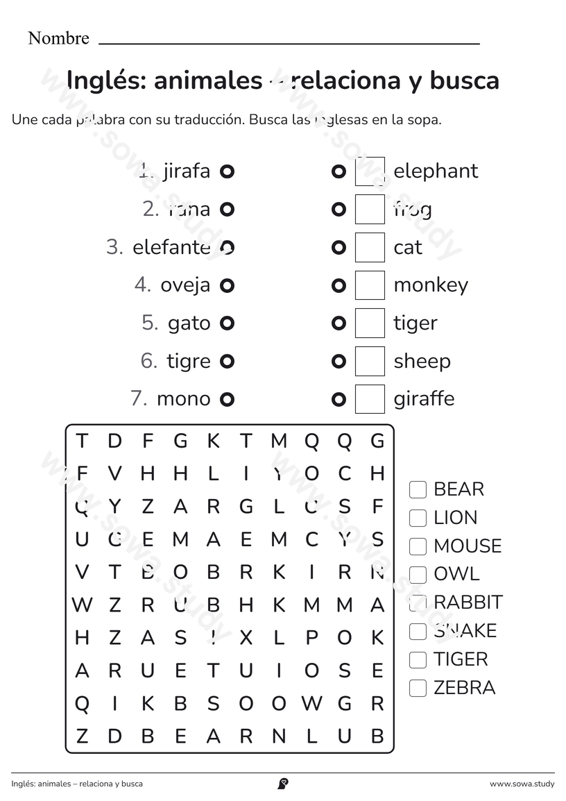 Inglés: animales – relaciona y busca – ficha para imprimir