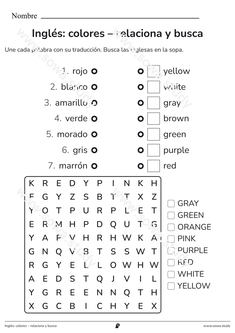 Inglés: colores – relaciona y busca – ficha imprimible gratis