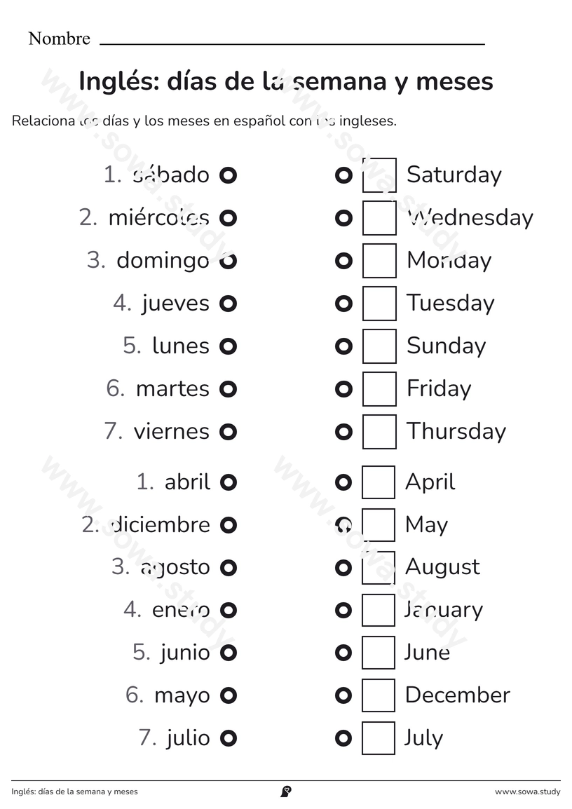 Inglés: días de la semana y meses – ficha para imprimir