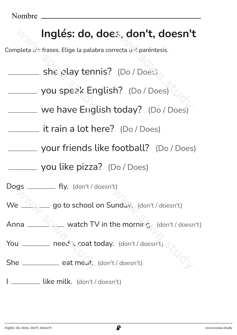 Inglés: do, does, don't, doesn't – ficha imprimible gratis