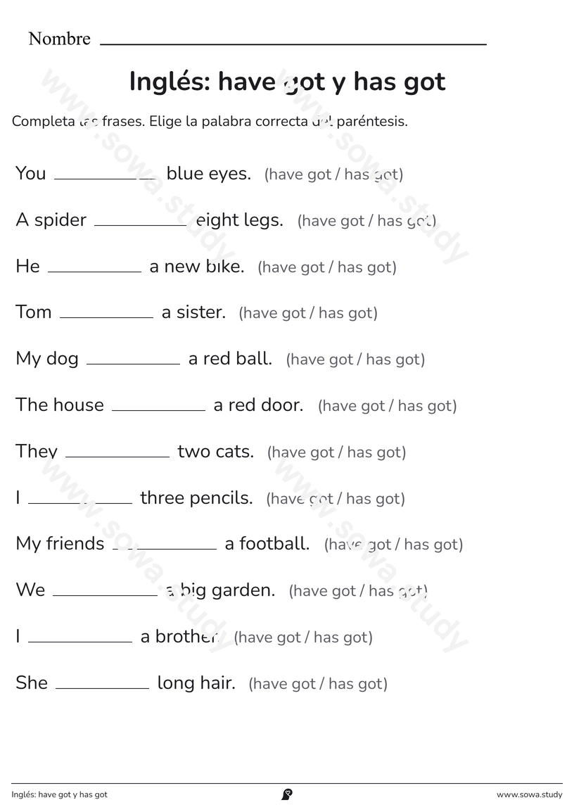 Inglés: have got y has got – ficha imprimible gratis