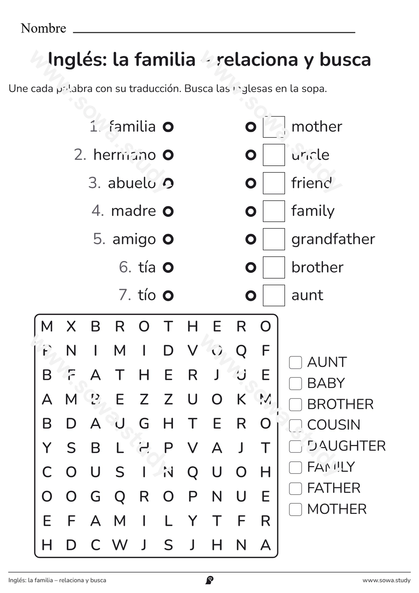 Inglés: la familia – relaciona y busca – ficha para imprimir