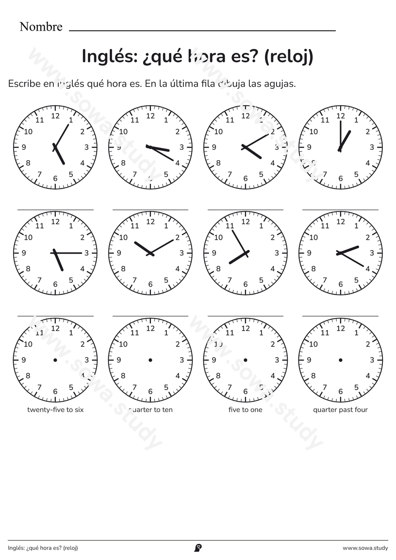 Inglés: ¿qué hora es? (reloj) – ficha para imprimir