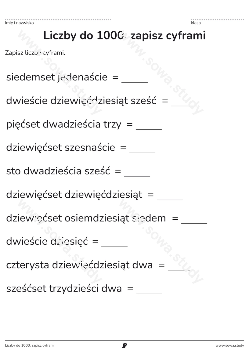 Liczby do 1000: zapisz cyframi – darmowa karta pracy do druku