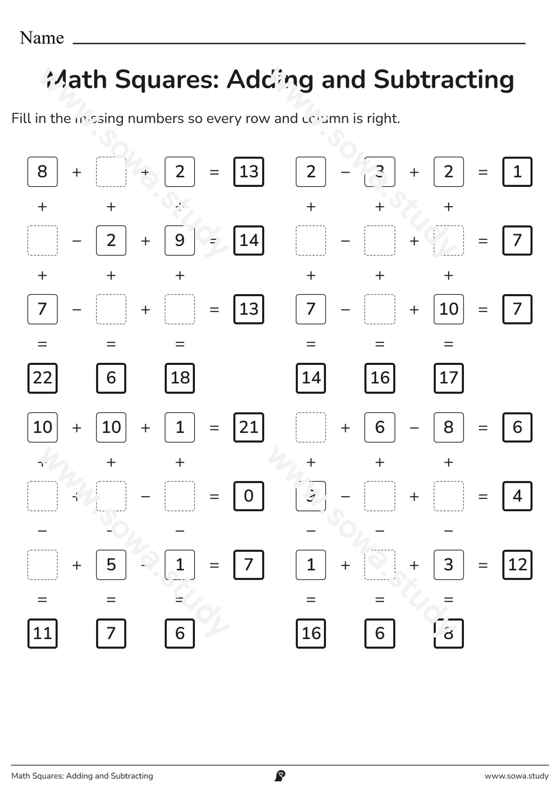 Math Squares: Adding and Subtracting – free printable worksheet